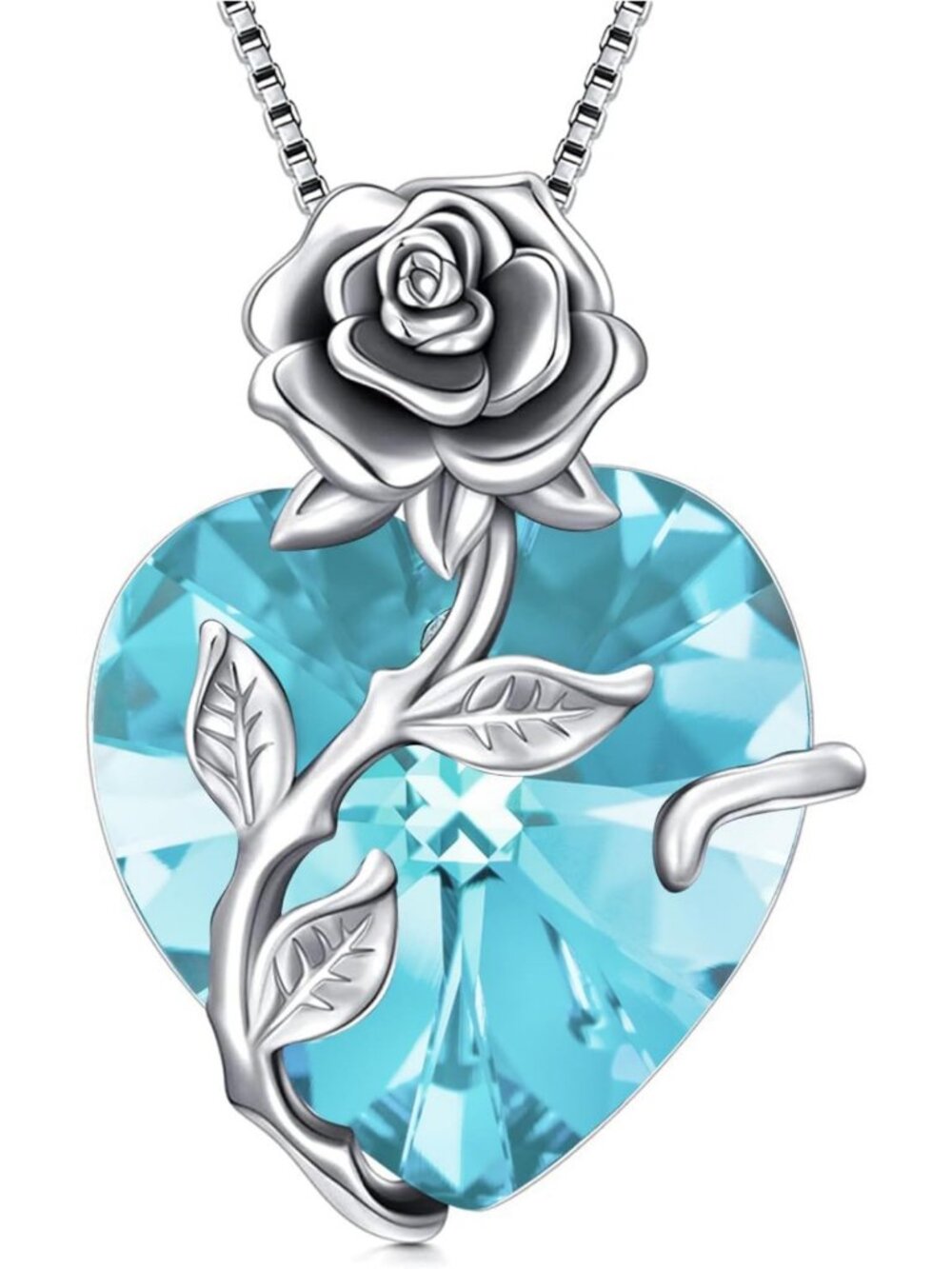 925 Sterling Silver Birthstone Pendant Necklace - Rose Flower Heart Jewelry Gift